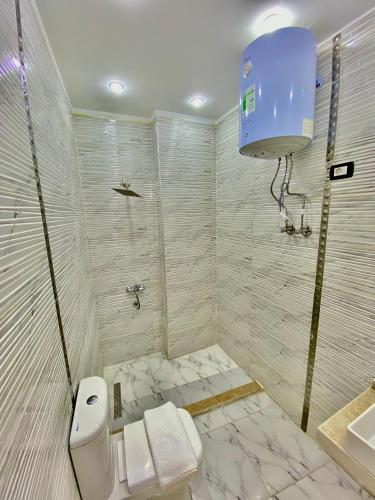 a bathroom with a shower and a toilet and a sink at Enjoy pyramids Golden Hotel in Cairo