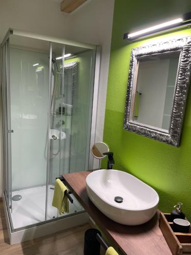 a bathroom with a sink and a shower at Süße Wohnung Privatvermieter in Schwaz