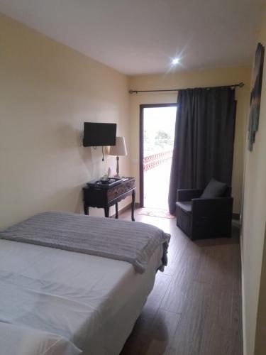 1 dormitorio con cama, escritorio y ventana en Winter Wonderland Villa en Tamaimo