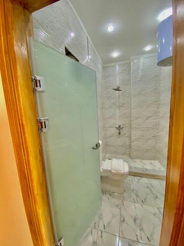 a bathroom with a toilet and a glass shower door at Enjoy pyramids Golden Hotel in Cairo