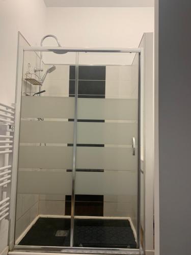 La salle de bains est pourvue d'une douche avec une porte en verre. dans l'établissement Élégance abordable : Appartement rdc proche de la plage, à Malo-les-Bains