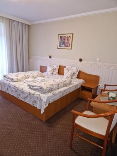 ein Hotelzimmer mit einem Bett und einem Stuhl in der Unterkunft Casa Veronica in Baile Felix
