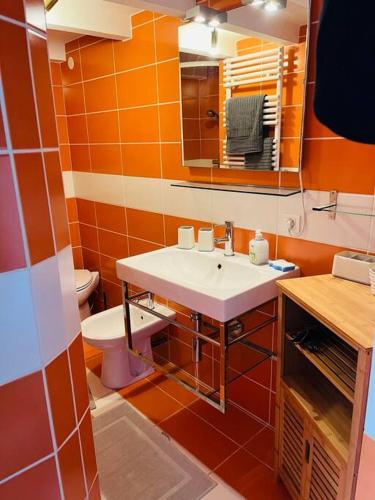 une salle de bain avec un lavabo et des toilettes dans l'établissement Studio avec mezzanine, canapé lit., à Grimaud