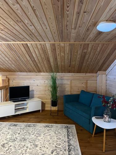 a living room with a blue couch and a tv at Holiday Home Amero purnu 5 in Kolinkylä
