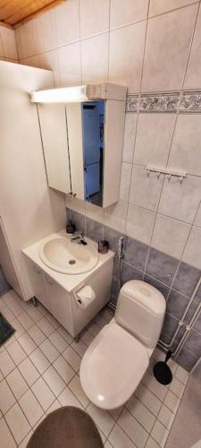 La salle de bains blanche est pourvue de toilettes et d'un lavabo. dans l'établissement Upea saunallinen asunto järvinäkymällä., à Jyväskylä