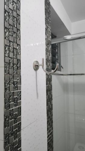 Puerta de cristal con mango metálico en el baño en HOSTAL EL REFLEJANTE, en Tacna