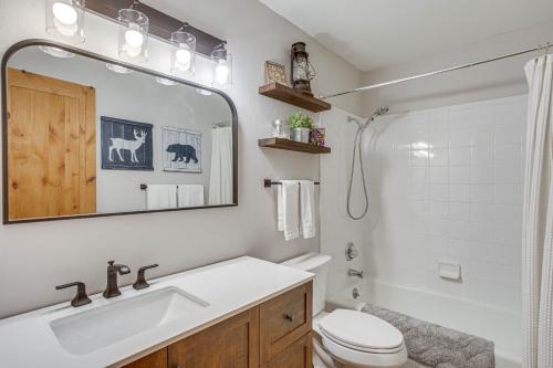 a bathroom with a sink and a toilet and a mirror at Colorado Escape with Pool Access and Mountain Views! in Avon