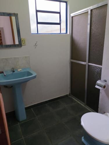 y baño con lavabo azul y ducha. en Pousada Sino dos Ventos en São Sebastião do Rio Verde