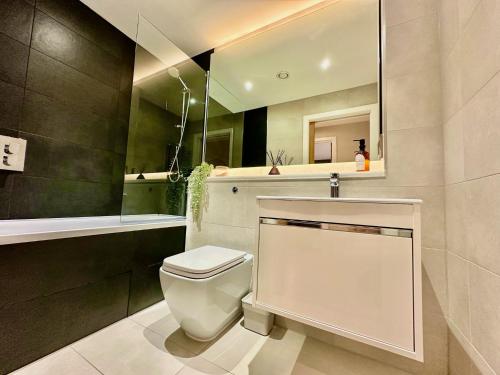 une salle de bain avec des toilettes blanches et un miroir dans l'établissement The Stag City Centre Cosy 1 Bed Long Term Stays Welcome, à Plymouth