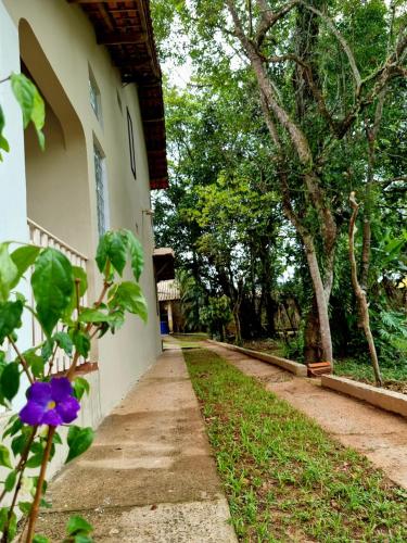 a path next to a house with a purple flower at LARA'S HOUSE in São Sebastião
