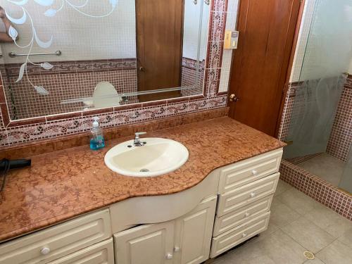ein Bad mit einem Waschbecken und einem Spiegel in der Unterkunft La Quinta A in Carmen de Apicalá