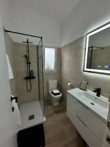 a bathroom with a toilet and a sink and a shower at la casa de Paseka in Adeje