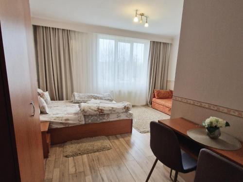 una habitación de hotel con una cama y una mesa y una habitación en Pensiunea Veronica, en Băile Felix