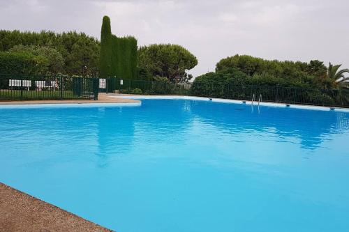 une grande piscine bleue avec des arbres en arrière-plan dans l'établissement Studio Flat 15minutes walk from the sea, Nice - Côte D'Azure, à Nice