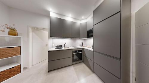 a kitchen with stainless steel appliances and gray cabinets at STAY SMART Luxembourg Dudelange Center in Dudelange