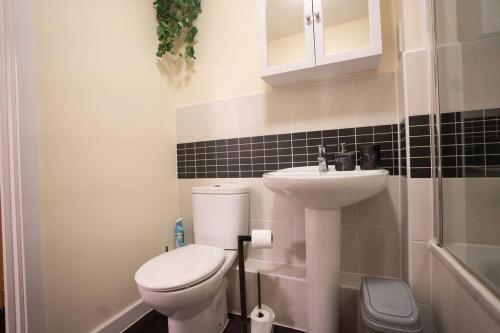 uma pequena casa de banho com WC e lavatório em Cosy 2 Bedroom flat in Stevenage em Stevenage