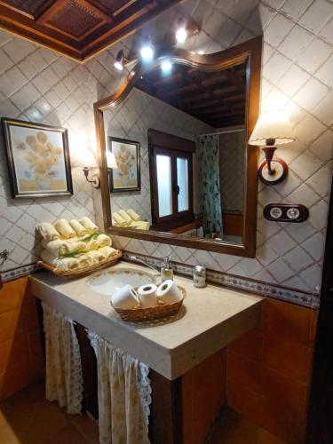 La salle de bains est pourvue d'un lavabo et d'un miroir. dans l'établissement La Artesonada casa con finca (Puebla de Sanabria)., à Puebla de Sanabria