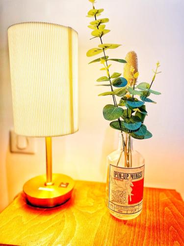 a lamp and a can on a table with a plant at Chambre Pin Up Wings in Eguisheim