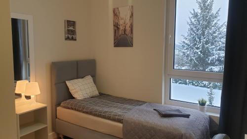 sypialnia z łóżkiem i dużym oknem w obiekcie White Room Wrocław przy Wyspie Opatowickiej we Wrocławiu