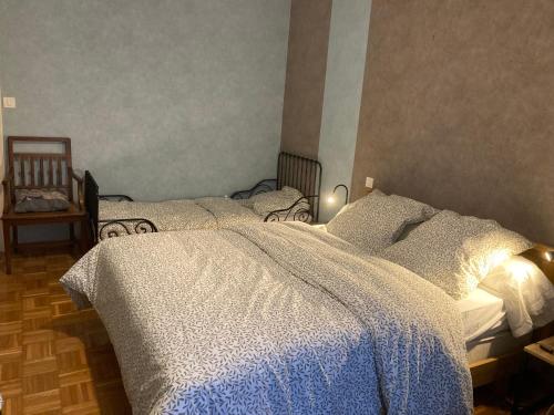 a bedroom with two beds with white comforters at Gîte Barbafeuilles in Oisy