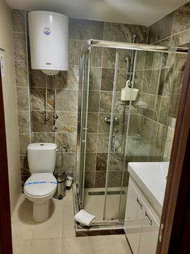 a bathroom with a toilet and a glass shower at Apartman KUTIJA Kopaonik in Kopaonik