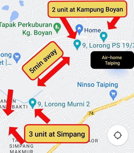a map of kampungbuoyatown with a map of kampung at Air-home M9 Simpang near Aulong Econsave, 4BR, 10pax, Netflix in Taiping