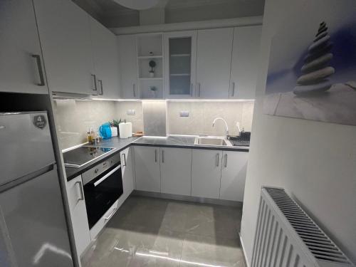 セレスにあるSerres city center modern apartment (Monika)の白いキャビネットとシンクを備えた小さなキッチン