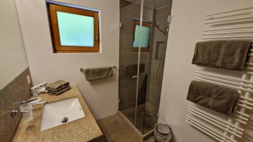 a bathroom with a sink and a shower at Aparthotel Chesa Bellaval in Silvaplana
