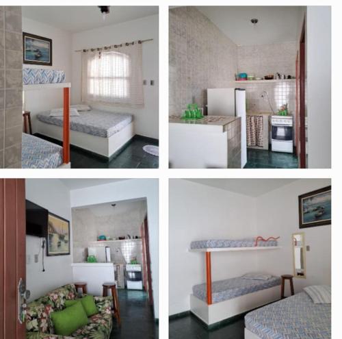 4 Bilder eines Schlafzimmers mit 2 Betten und einer Küche in der Unterkunft Chalé na Praia Martim de Sá in Caraguatatuba