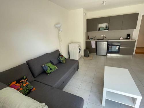 Il comprend un salon avec un canapé gris et une cuisine. dans l'établissement Charmant duplex à Montpellier pour 4 personnes, wifi, parking et tramway, à Montpellier