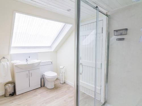 a bathroom with a shower and a toilet and a sink at Keepers Cottage - Uk30246 in Cray