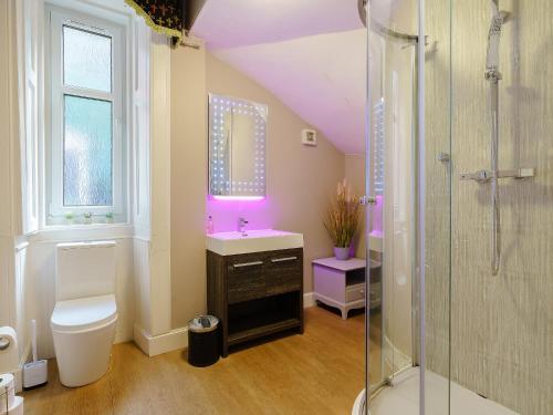 a bathroom with a toilet and a sink and a shower at The Old Nunnery - Uk7122 in Skelmorlie