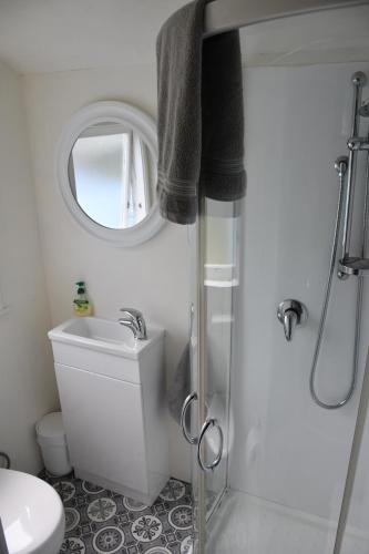 biała łazienka z toaletą i lustrem w obiekcie Evi the school bus at Oromahoe Downs Farm w mieście Puketona