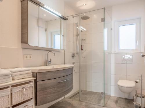 La salle de bains est pourvue d'une douche, d'un lavabo et de toilettes. dans l'établissement Blick auf den Rettenstein Top 1, à Kirchberg in Tirol