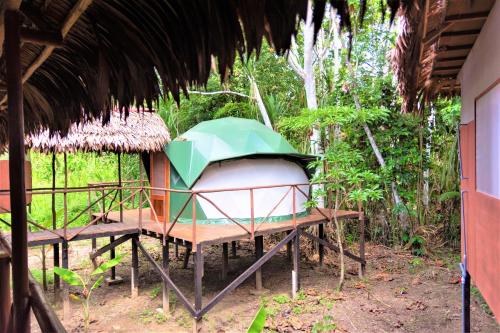 a green umbrella sitting on top of a table at Avatar Amazon Lodge & Canopy Park in Santa Teresa