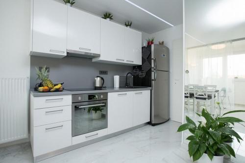 cocina con armarios blancos y nevera de acero inoxidable en Apartments with WiFi Velika Gorica, Prigorje - 22011, en Velika Gorica