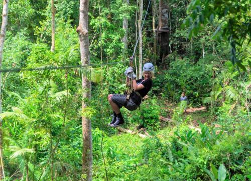 a woman is zip lining through the forest at Avatar Amazon Lodge & Canopy Park in Santa Teresa