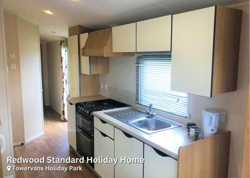 uma pequena cozinha com um lavatório e um fogão em Redwood Standard Holiday Home em Mablethorpe
