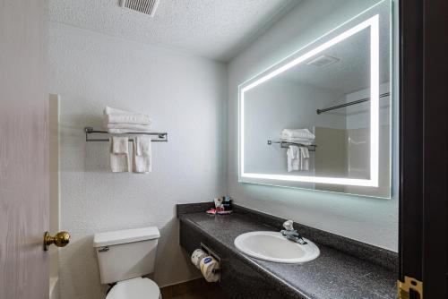 een badkamer met een wastafel, een spiegel en een toilet bij Econo Lodge Cleveland Southeast - Kent in Streetsboro