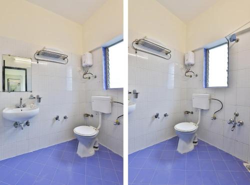 two images of a bathroom with two toilets and a sink at Hotel Isher International in Gandhinagar