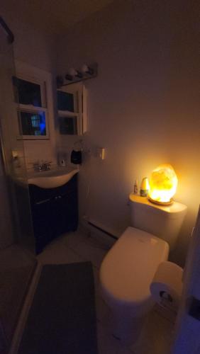 a bathroom with a white toilet and a sink at Zen Oasis in Newark