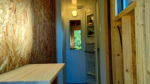 a tiny house with a blue door and a hallway at 里山グランピングむすびペット棟 in Mizunami