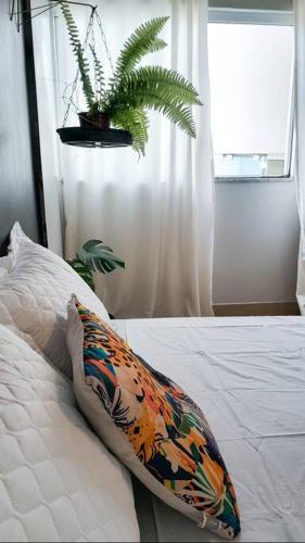 巴拉奈里奧－坎布里烏的住宿－Best Iate Clube Apto. Proximo da praia central，一间卧室配有一张带枕头和植物的床