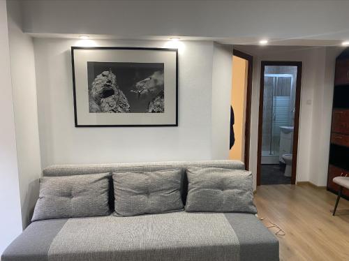 a couch in a living room with a picture on the wall at Summit Ultracentral in Baia Mare
