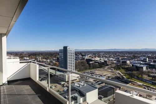 a view of a city from the balcony of a building at Sub-Penthouse on Gloucester - Highest rental in the South Island in Christchurch