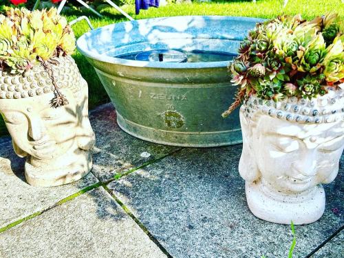 two vases with plants in them sitting next to a fountain at Privatzimmer Hanna in Dießen am Ammersee