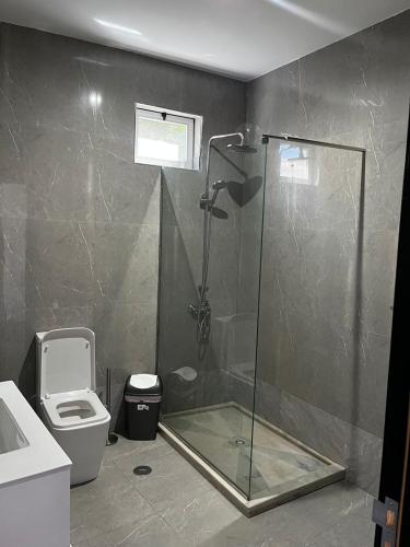 uma casa de banho com um chuveiro e um WC. em VILLA NAYELI Luxury and Simplicity em Órgãos