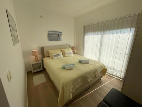 een slaapkamer met een bed met 2 kussens en een raam bij Acacia Hill Apartment C01 in Ðenovići