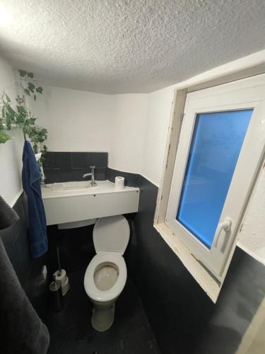 een badkamer met een toilet, een wastafel en een raam bij Motel24 Low-Budget Waltershausen in Waltershausen