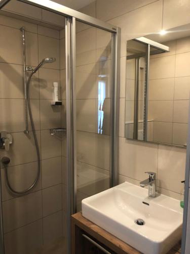 a bathroom with a sink and a shower at Apartments Alpenrose in Flirsch